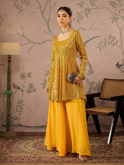 Women Yellow Sequins Peplum Top with Flared Pants-SHSET96071