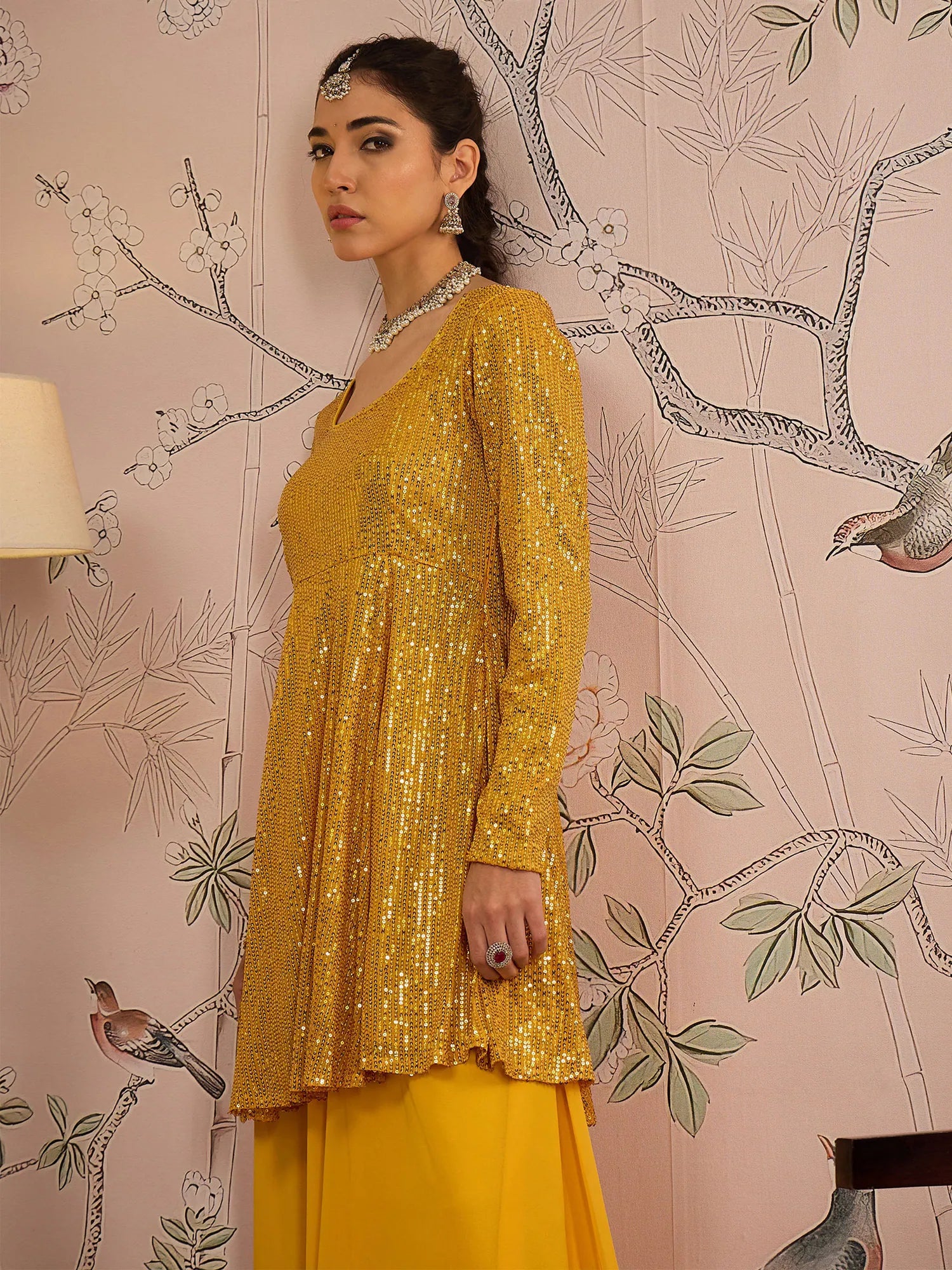 Yellow Sequin Women's Indian Kurta Sets With Flared Pants