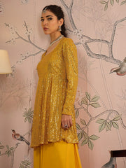 Women Yellow Sequins Peplum Top with Flared Pants-SHSET96071