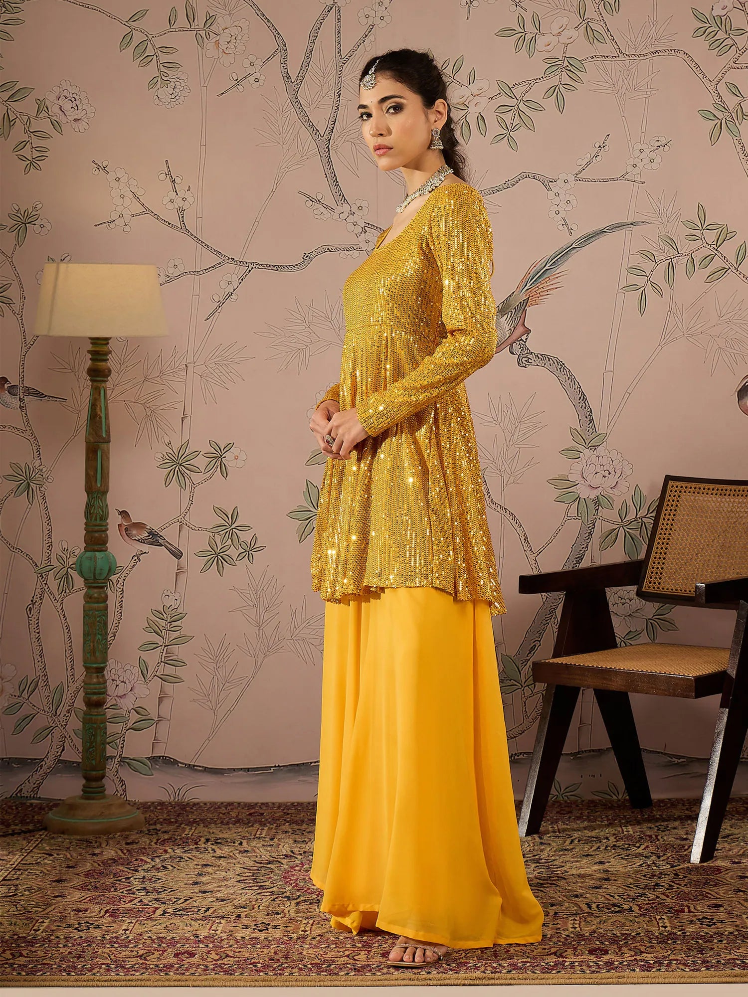 Yellow Sequin Women's Indian Kurta Sets With Flared Pants