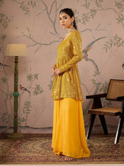 Women Yellow Sequins Peplum Top with Flared Pants-SHSET96071