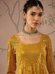 Women Yellow Sequins Peplum Top with Flared Pants-SHSET96071