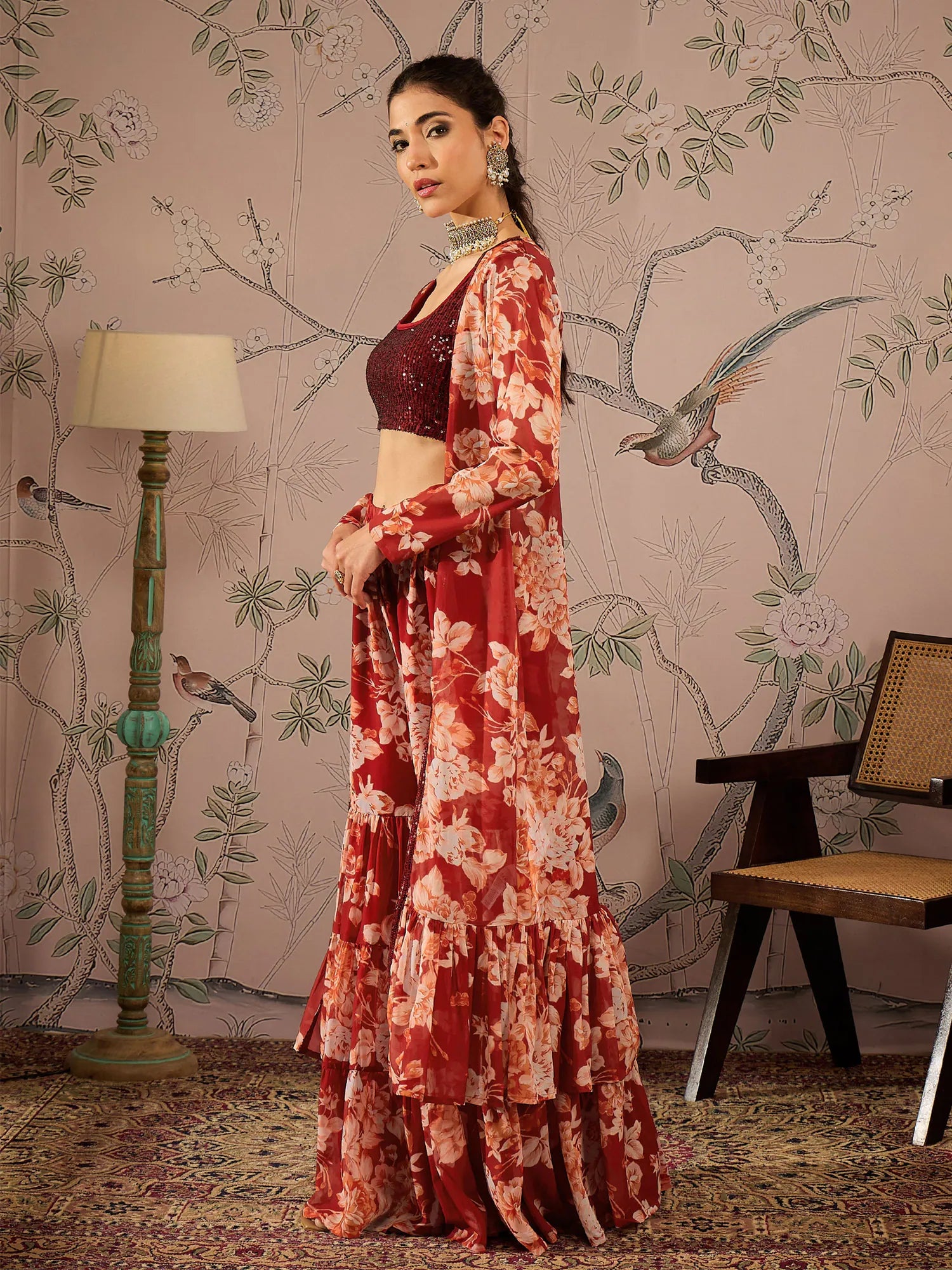 Maroon Sequin Crop Top & Sharara Set - Women's Co-ord Sets