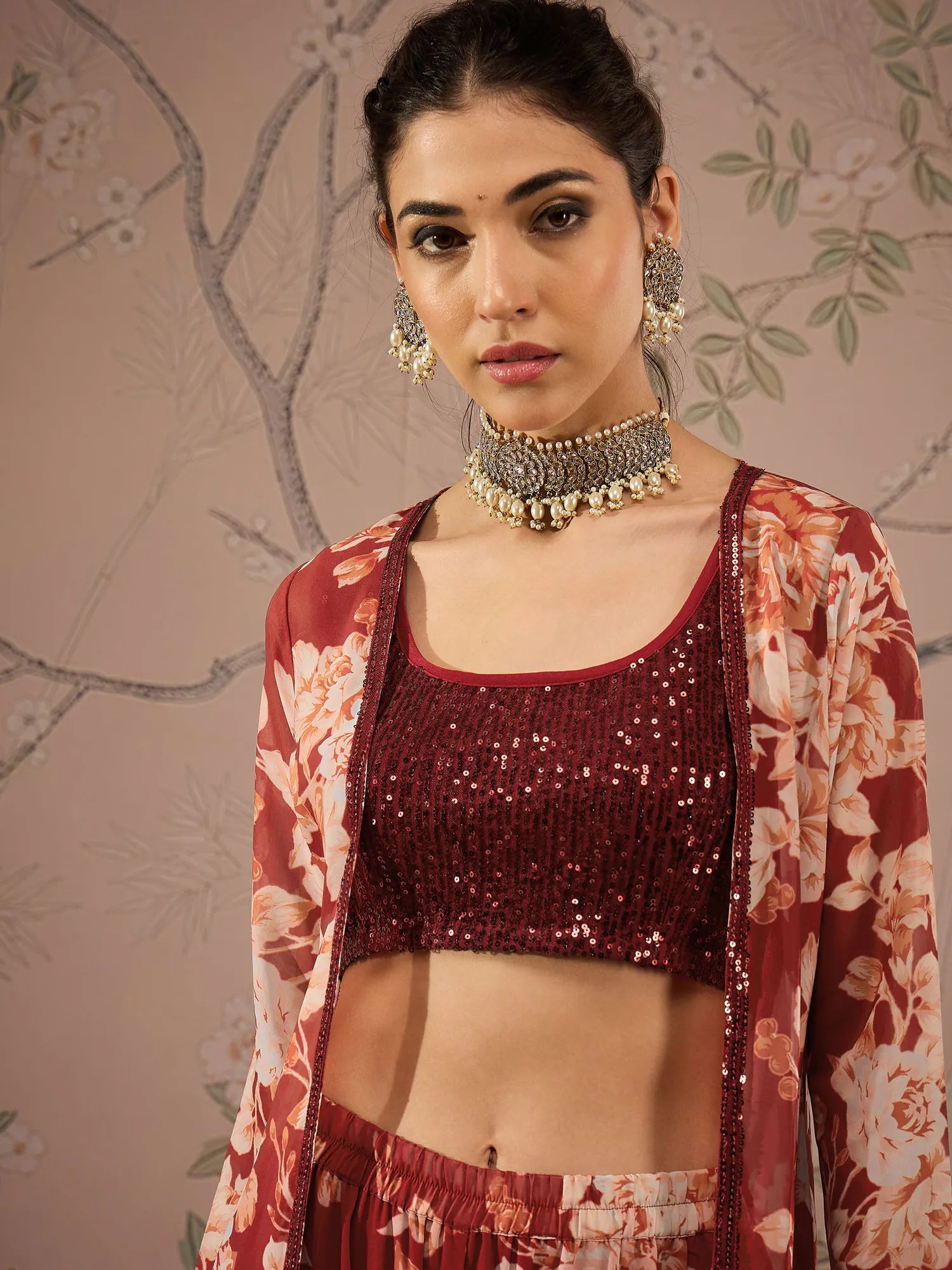 Maroon Sequin Crop Top & Sharara Set - Women's Co-ord Sets