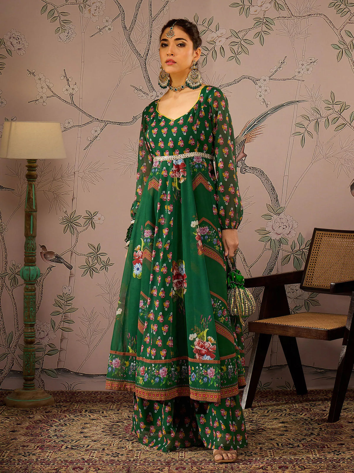 Women Green Floral Sweetheart Neck Anarkali Kurta With Pants-SHSET96073