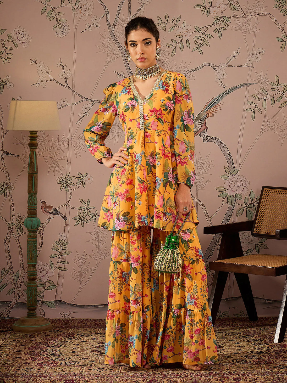Women Yellow Floral Peplum Top With Sharara Pants-SHSET96074