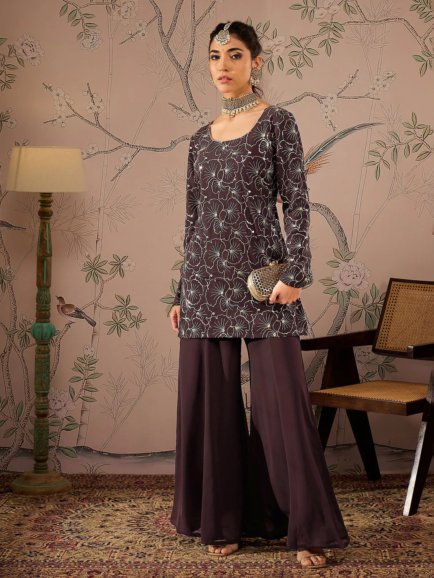 Brown Sequin Short Kurta Palazzo Set - Women's Fashion