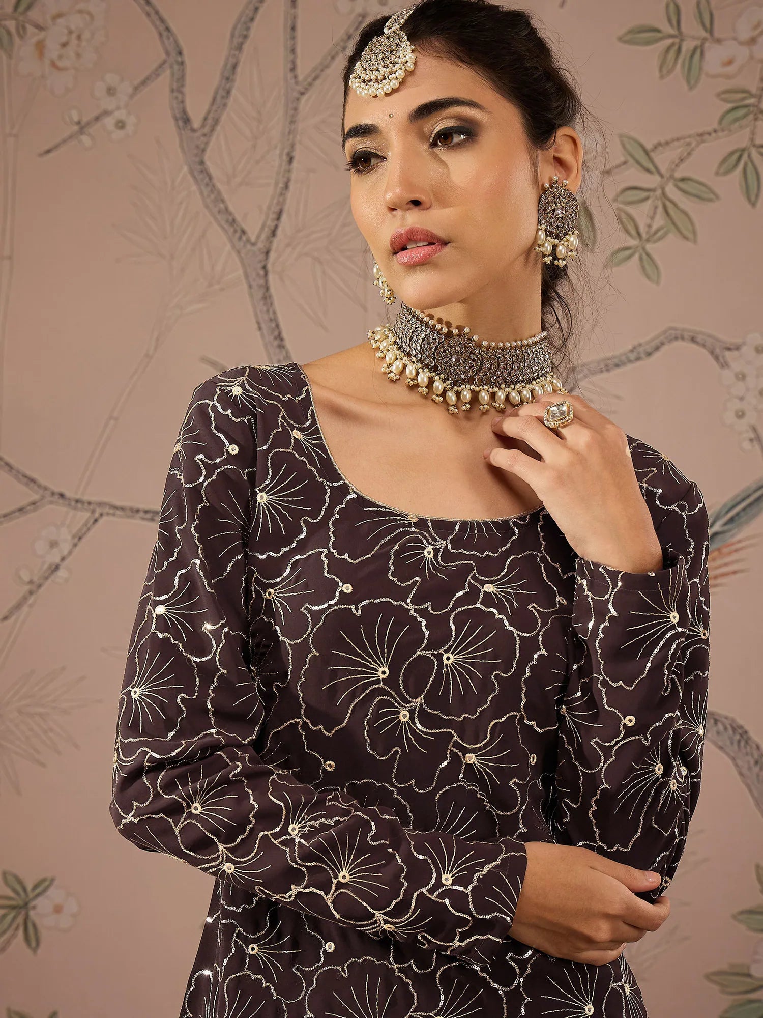 Brown Sequin Short Kurta Palazzo Set - Women's Fashion