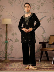 Women Black Velvet Embroidered Short Kurta With Straight Pants-SHSET96081