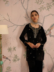 Women Black Velvet Embroidered Short Kurta With Straight Pants-SHSET96081