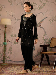 Women Black Velvet Embroidered Short Kurta With Straight Pants-SHSET96081