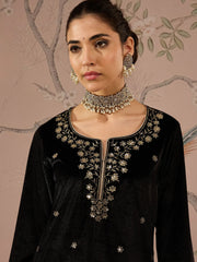 Women Black Velvet Embroidered Short Kurta With Straight Pants-SHSET96081