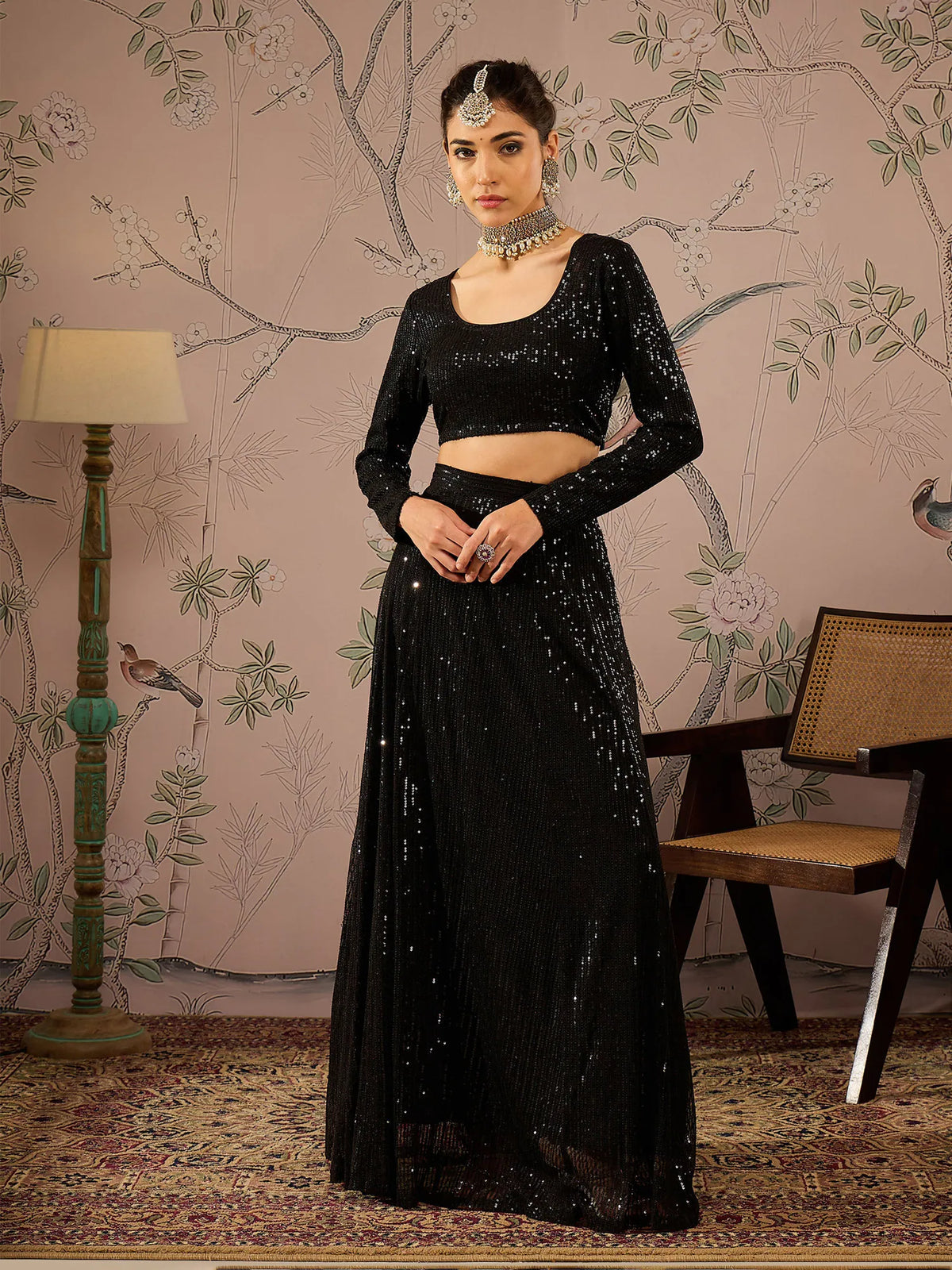 Women Black Sequins Crop Top With Anarkali Skirt-SHSET96082