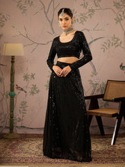 Women Black Sequins Crop Top With Anarkali Skirt-SHSET96082