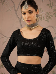 Women Black Sequins Crop Top With Anarkali Skirt-SHSET96082