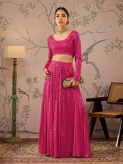 Women Fuchsia Sequins Crop Top With Anarkali Skirt-SHSET96083
