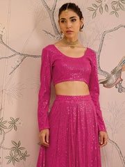 Women Fuchsia Sequins Crop Top With Anarkali Skirt-SHSET96083