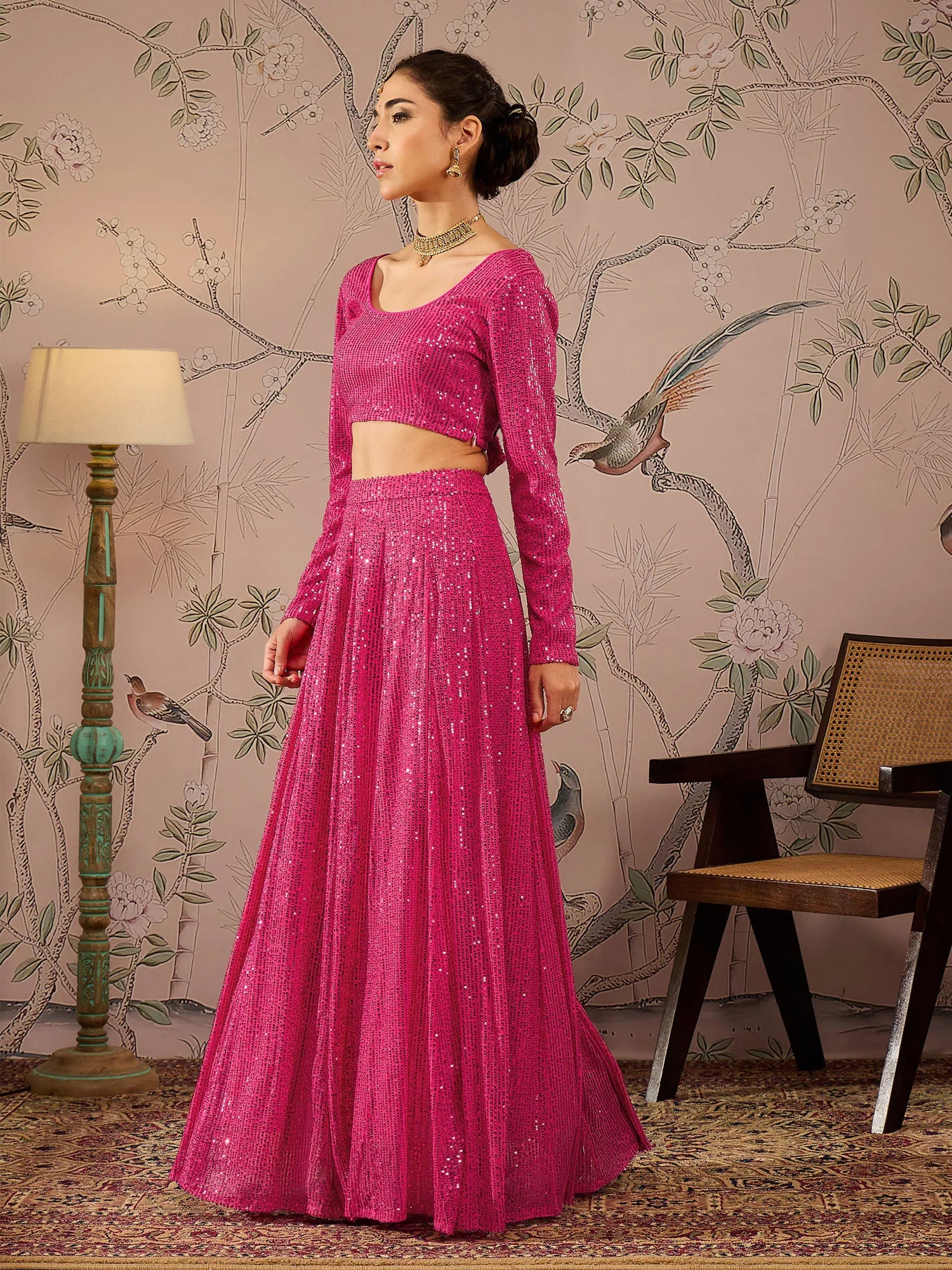 Fuchsia Sequin Lehenga Choli - Women's Wedding Lehenga Set