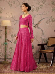Women Fuchsia Sequins Crop Top With Anarkali Skirt-SHSET96083