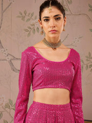 Women Fuchsia Sequins Crop Top With Anarkali Skirt-SHSET96083