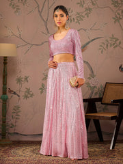 Women Pink Sequins Crop Top With Anarkali Skirt-SHSET96084