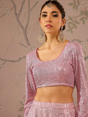 Women Pink Sequins Crop Top With Anarkali Skirt-SHSET96084