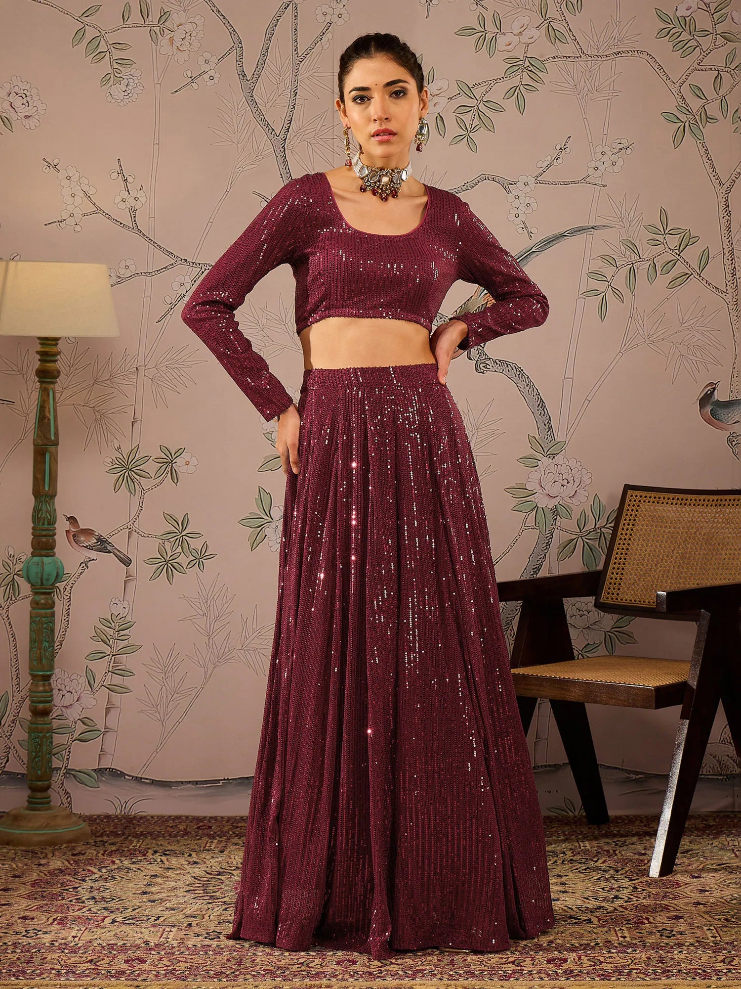 Maroon Sequin Lehenga Choli - Designer Lehenga For Women
