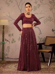 Women Maroon Sequins Crop Top With Anarkali Skirt-SHSET96085