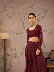 Women Maroon Sequins Crop Top With Anarkali Skirt-SHSET96085