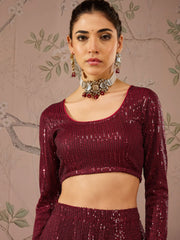 Women Maroon Sequins Crop Top With Anarkali Skirt-SHSET96085
