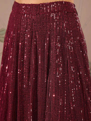 Women Maroon Sequins Crop Top With Anarkali Skirt-SHSET96085
