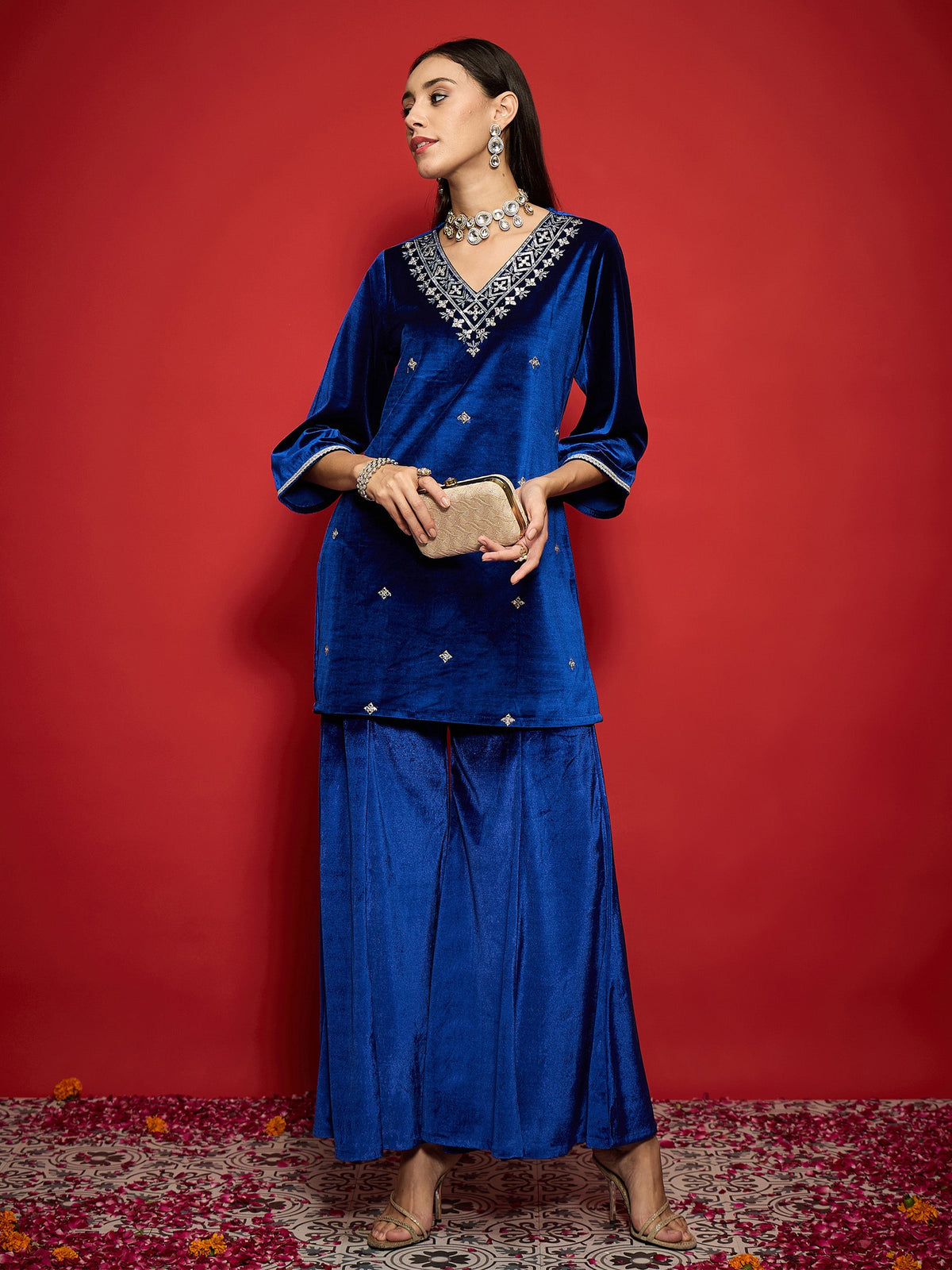 Women Royal Blue Velvet Emb V-Neck Short Kurta With Palazzos-SHSET96112