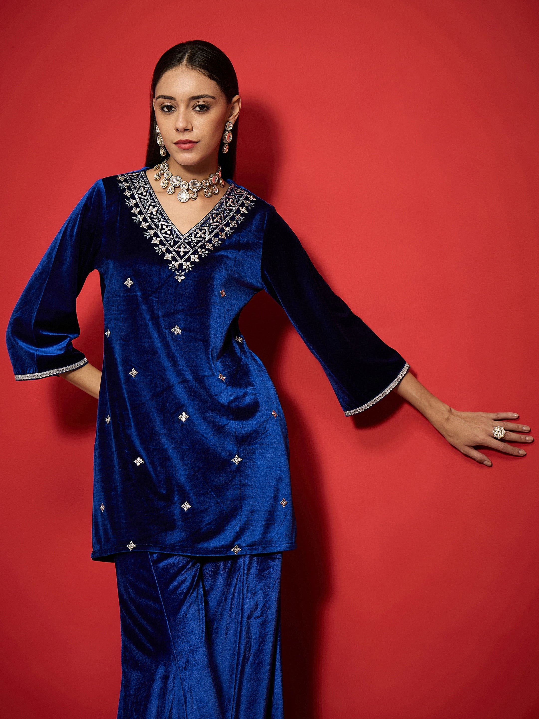 Women Royal Blue Velvet Emb V-Neck Short Kurta With Palazzos-SHSET96112