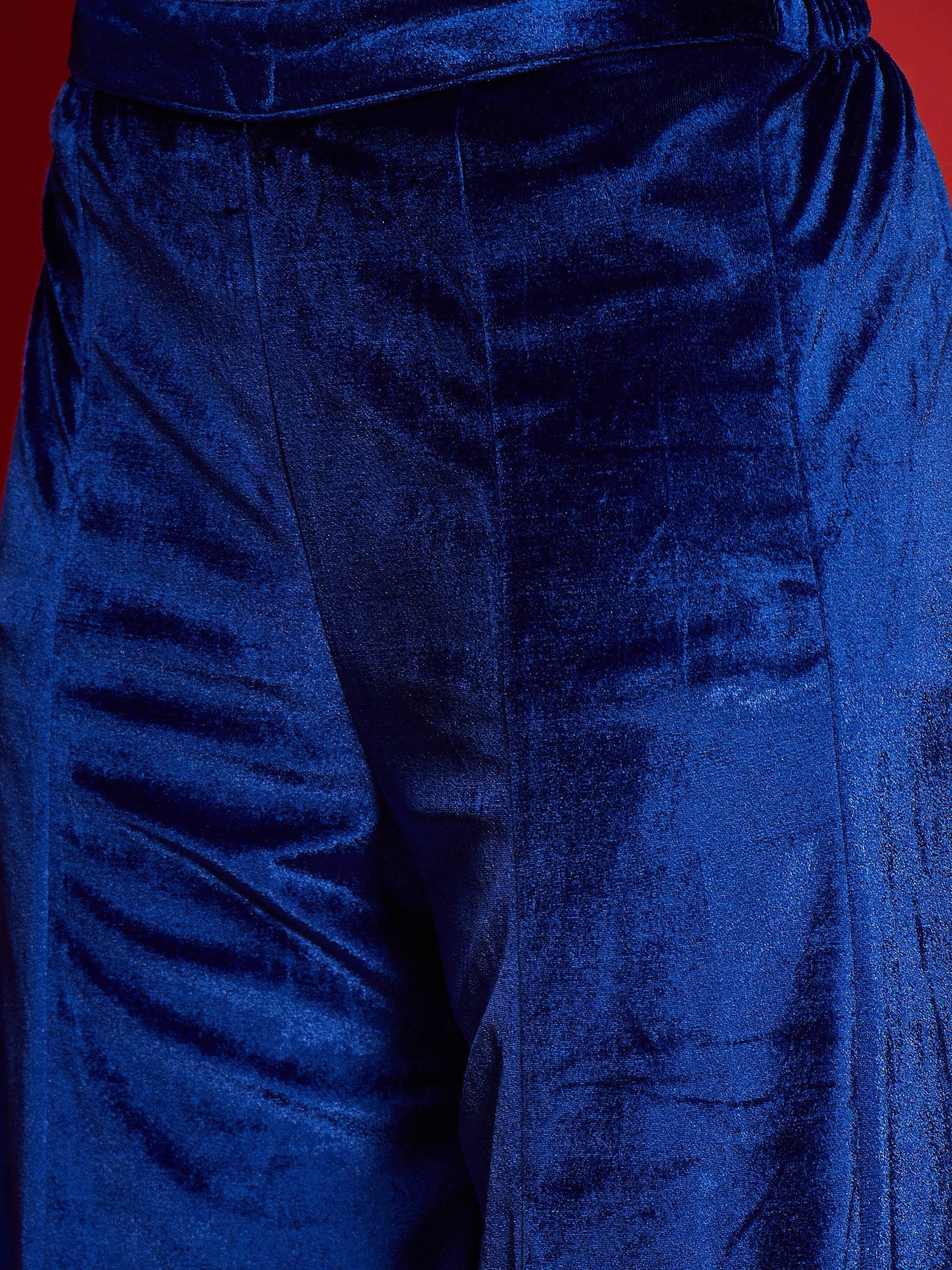 Women Royal Blue Velvet Emb V-Neck Short Kurta With Palazzos-SHSET96112