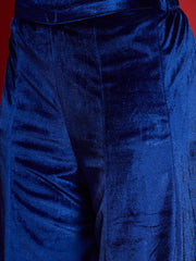 Women Royal Blue Velvet Emb V-Neck Short Kurta With Palazzos-SHSET96112