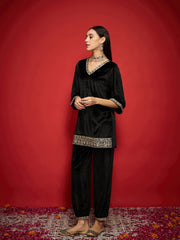 Women Black Velvet Emb V-Neck Short Kurta With Straight Pants-SHSET96114