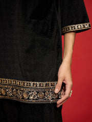 Women Black Velvet Emb V-Neck Short Kurta With Straight Pants-SHSET96114