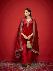 Women Red Velvet Embroidered V-Neck Short Kurta Set With Dushala-SHSET96115_SHSCR99075