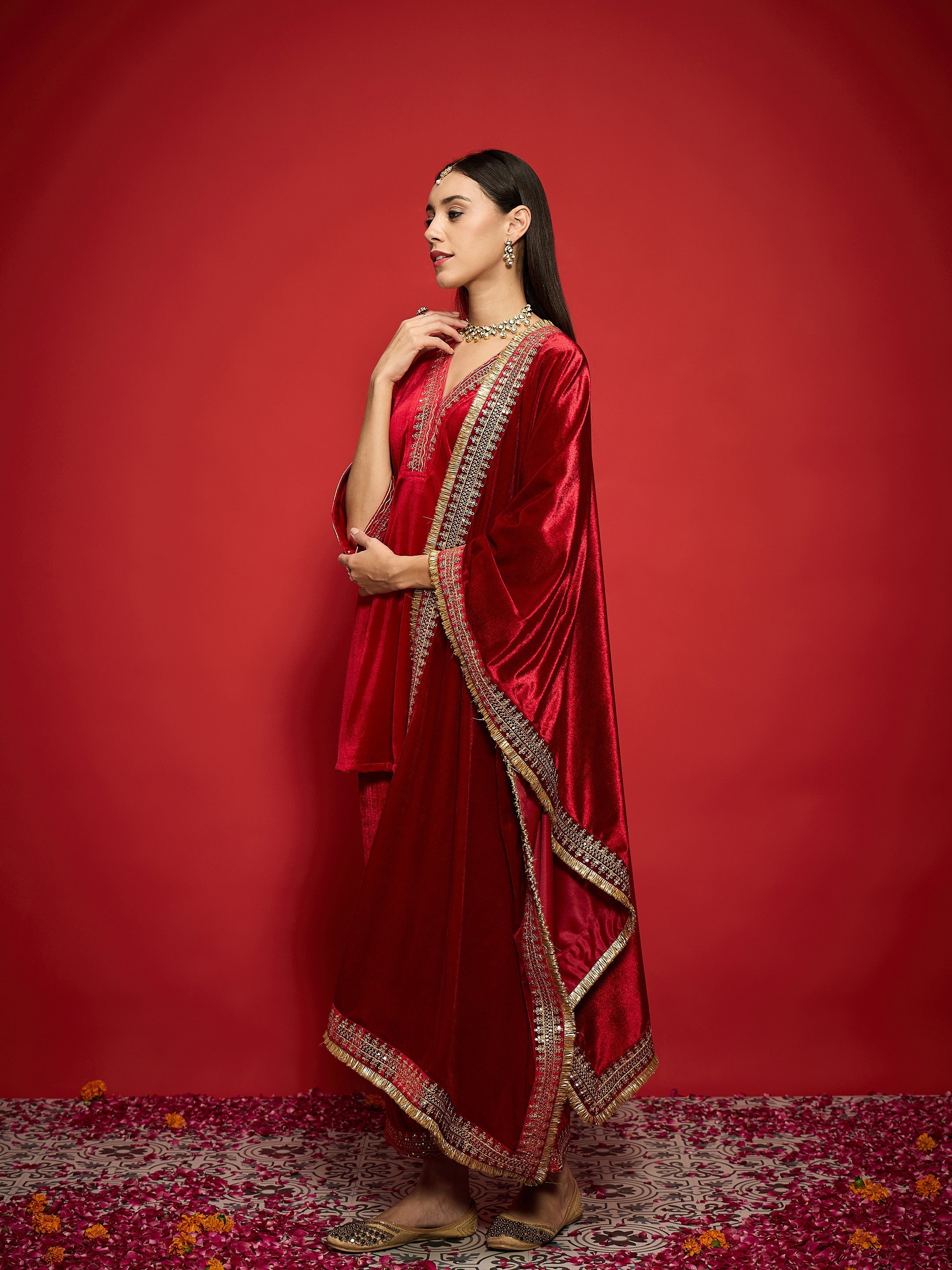 Women Red Velvet Embroidered V-Neck Short Kurta Set With Dushala-SHSET96115_SHSCR99075