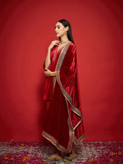 Women Red Velvet Embroidered V-Neck Short Kurta Set With Dushala-SHSET96115_SHSCR99075