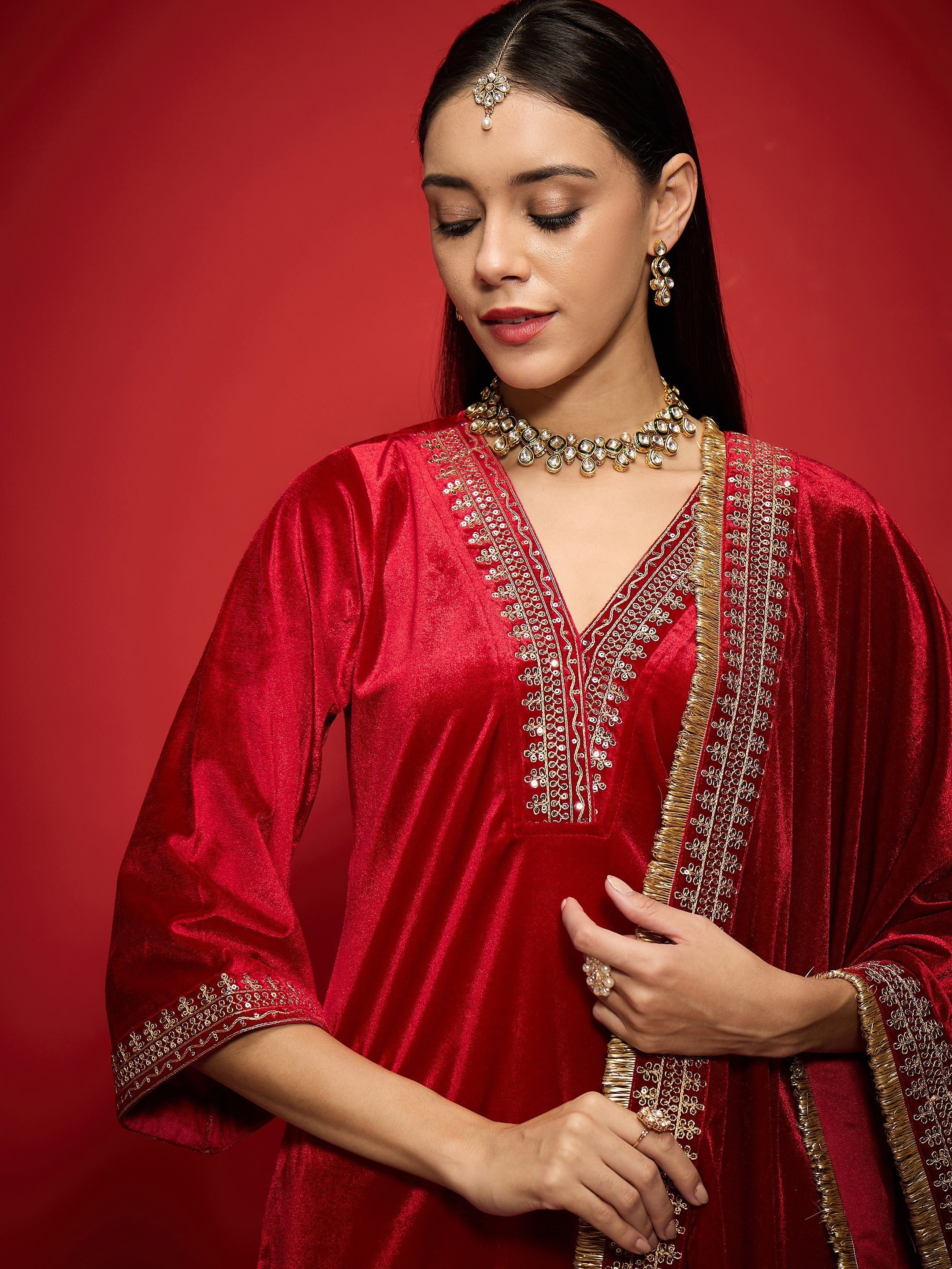 Women Red Velvet Embroidered V-Neck Short Kurta Set With Dushala-SHSET96115_SHSCR99075