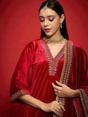 Women Red Velvet Embroidered V-Neck Short Kurta Set With Dushala-SHSET96115_SHSCR99075