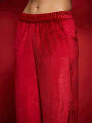 Women Red Velvet Embroidered V-Neck Short Kurta Set With Dushala-SHSET96115_SHSCR99075