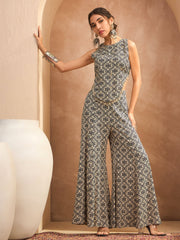 Women Beige & Black Floral Sleeveless Top With Palazzos-SHSET96152