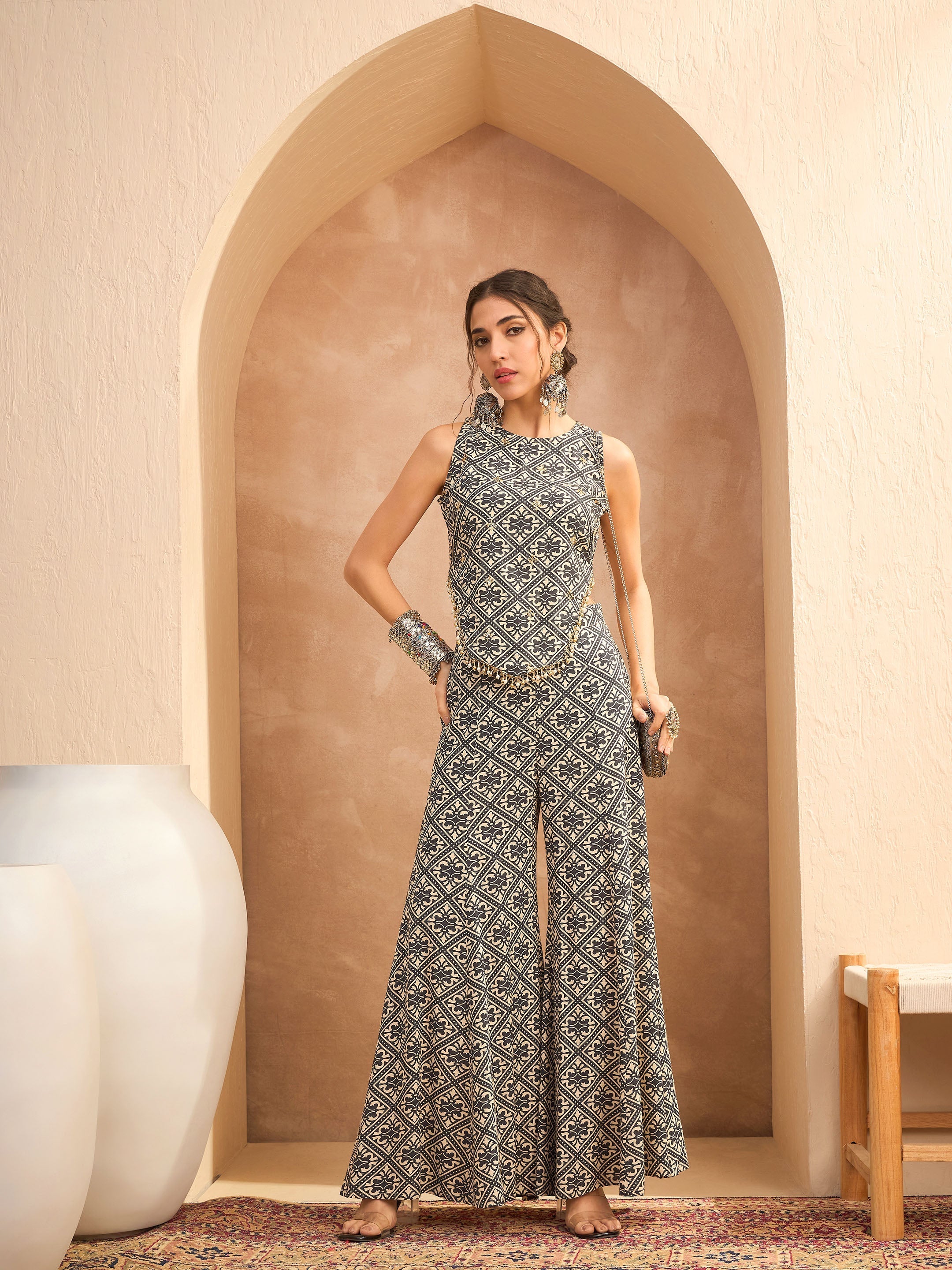 Women Beige & Black Floral Sleeveless Top With Palazzos-SHSET96152