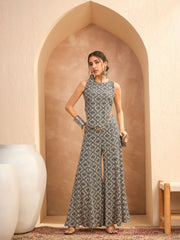 Women Beige & Black Floral Sleeveless Top With Palazzos-SHSET96152
