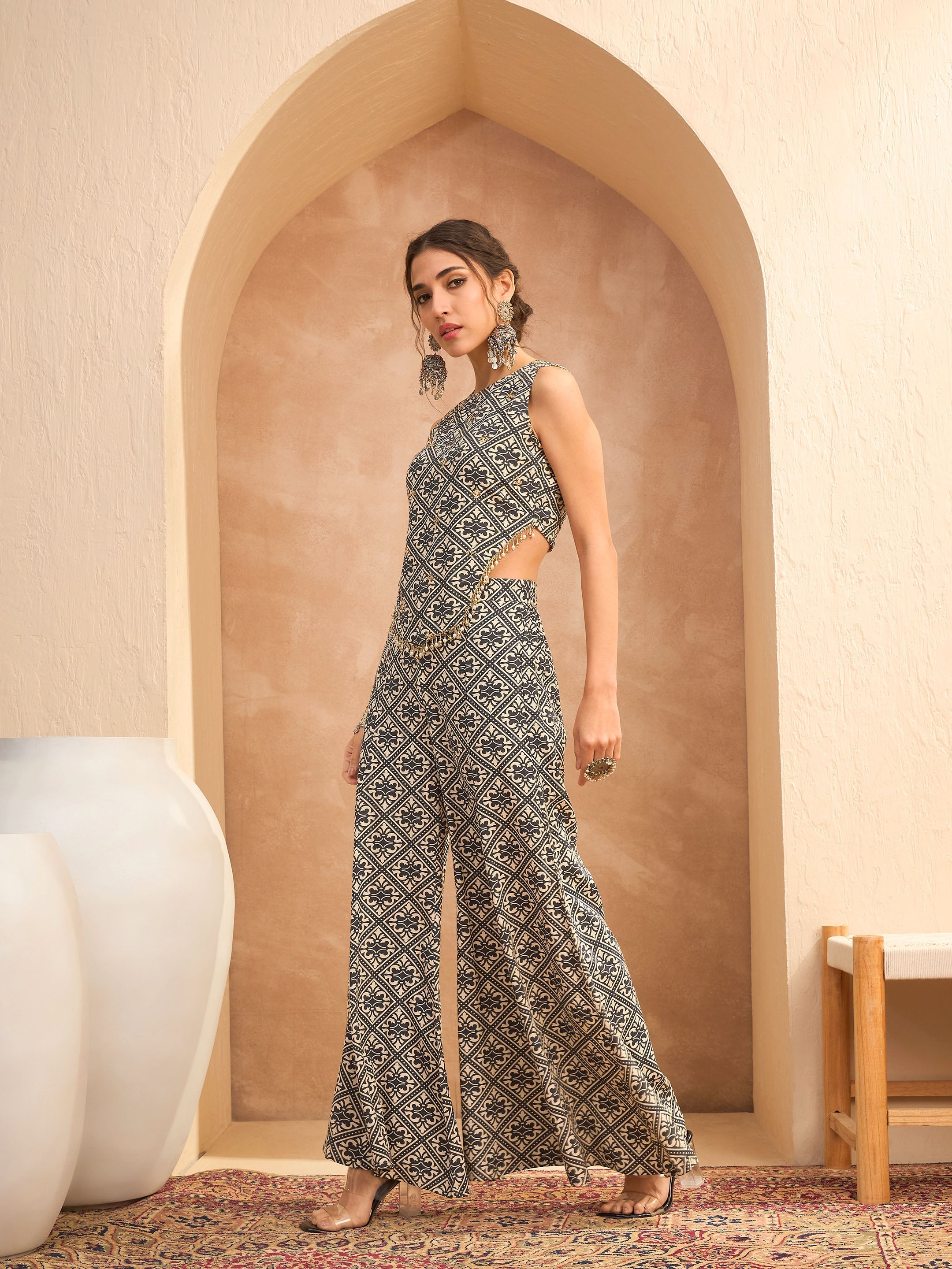 Women Beige & Black Floral Sleeveless Top With Palazzos-SHSET96152