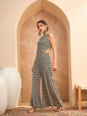 Women Beige & Black Floral Sleeveless Top With Palazzos-SHSET96152