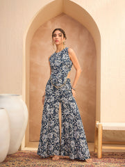 Women Blue & White Floral Sleeveless Top With Palazzos-SHSET96153