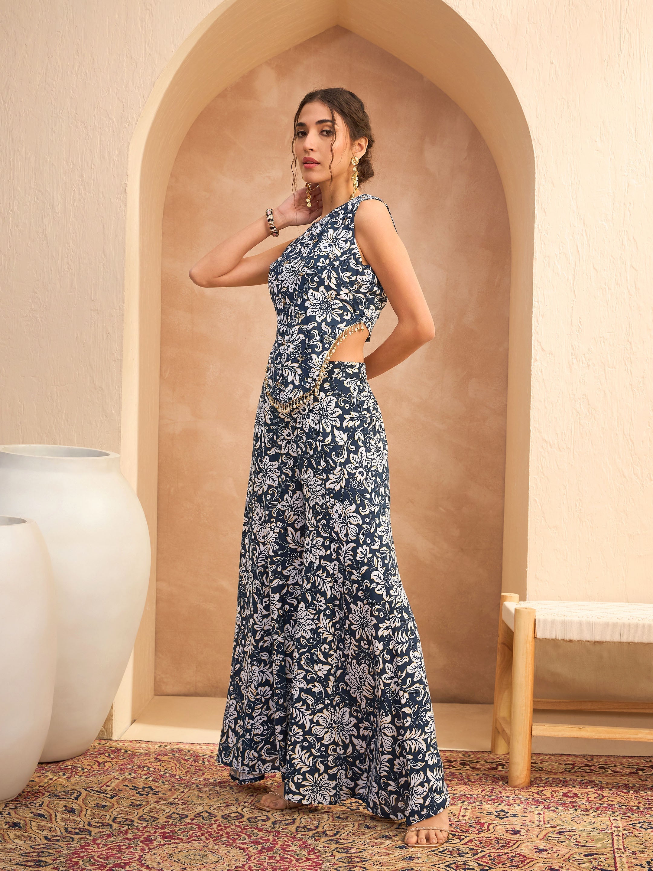 Women Blue & White Floral Sleeveless Top With Palazzos-SHSET96153